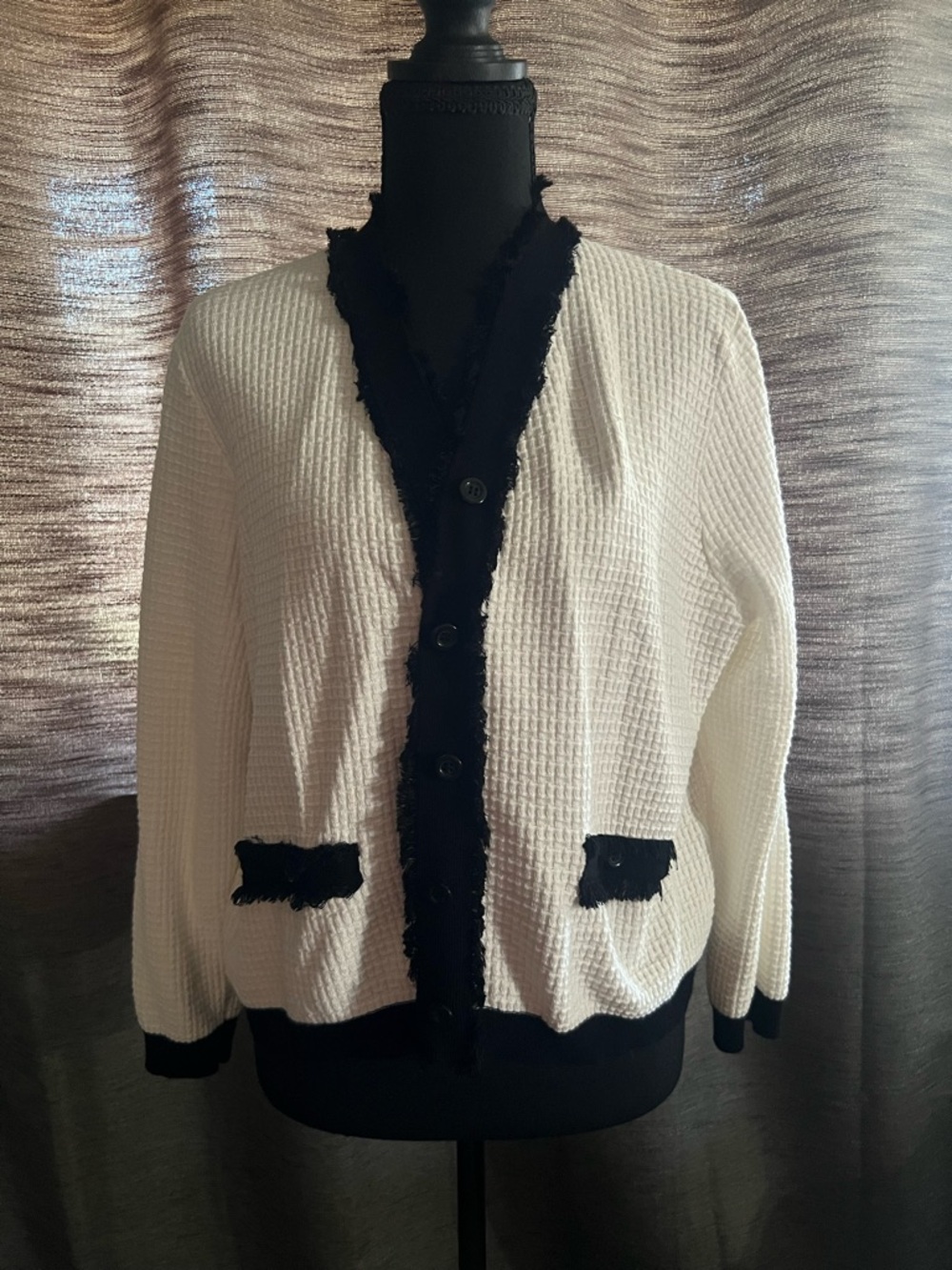 Adrianna Papell White Cardigan with Black Fringe Trim